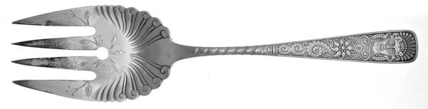 Assyrian Head (Silverplate, 1886) Bright Cut Large Solid Cold Meat Serving Fork
