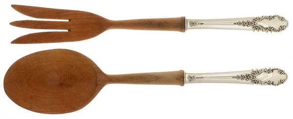 Bridal Veil (Sterling, 1950, No Monograms) Wooden Bowl 2-Piece Salad Set
