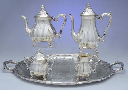Chippendale (Silverplate, Hollowware, Four Toe) 5-Piece Silverplate Tea Set (with Tray)