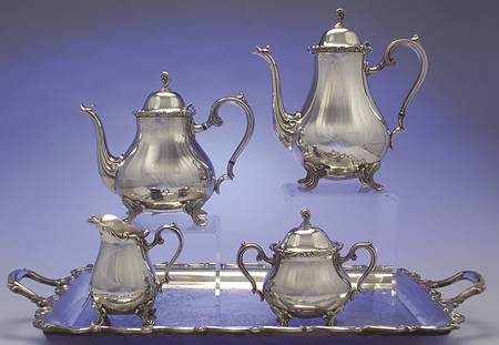Joanne (Silverplate, Hollowware) 5-Piece Silverplate Tea Set (with Tray)