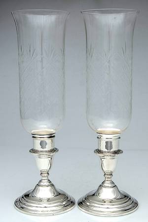 Lord Saybrook (Sterling, Hollowware) Pair of Weighted Hurricane Lamp & Globe