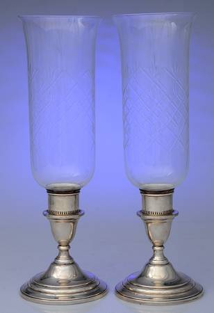 Lord Saybrook (Sterling, Hollowware) Pair of Weighted Hurricane Lamp & Globe