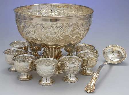 Silverplate Hollowware Punch Set-Bowl, 10 Punch Cups & Ladle