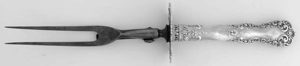 Revere (Sterling, 1898, No Monograms) Lg Carving/Roast Fork-Stn Prong w/Sterling Guard