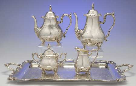 Rochelle (Silverplate, Hollowware) 5-Piece Silverplate Tea Set (with Tray)