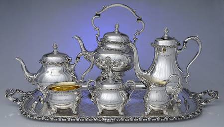 Du Barry-Floral Border (Silver, Hollowware, Wbswcx) 7-Piece Plated Tea Set (w/ Waste, Kttle & Try)