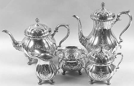 Du Barry-Chased (Silverplate, Hllwr, Websterwlcx) 5-Piece Plated Tea Set (with Waste) by International Silver