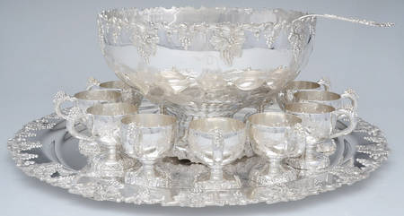 Vintage-Chased (Silverplate, Hollowware) Punch Set (Bowl,  12 Cups, Tray and Ladle)