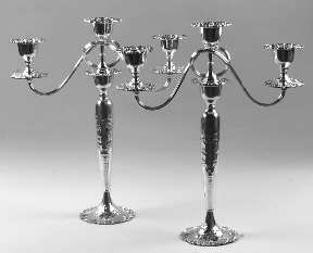 Vintage-Chased (Silverplate, Hollowware) Pair of 3-Light Plated Candelabra