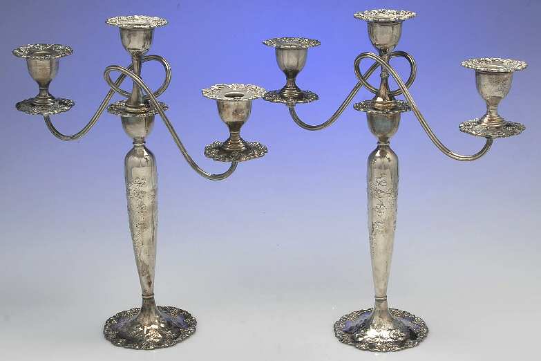 Vintage-Chased (Silverplate, Hollowware) Pair of 15" 3 Light Candelabra