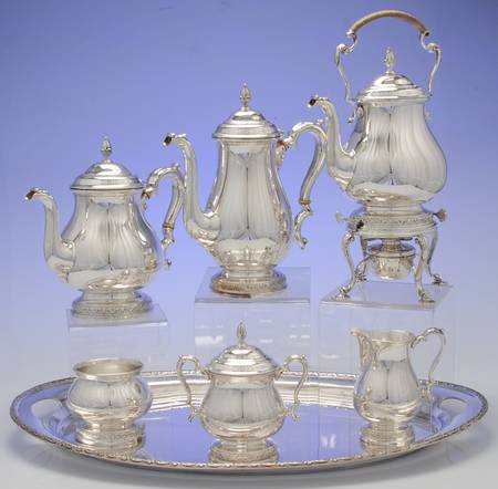 Prelude-Plain (Sterling Hollowware) 7 Piece Tea Set (SCP, STP, SCR, SSU, SWB, SKES & WTL)