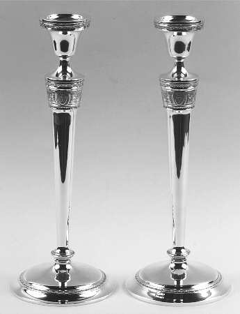 Wedgwood (Sterling, Hollowware, Geometric Base) Pair of Weighted Candlesticks by International Silver