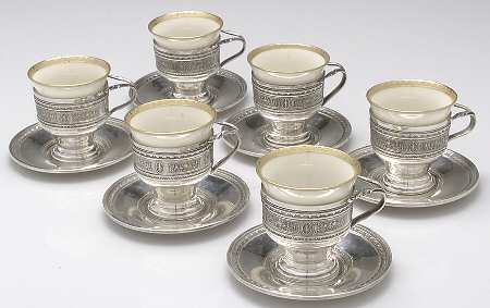 Wedgwood (Sterling, Hollowware, Geometric Base) Demi Cup and Saucer with Liner - Set of 6