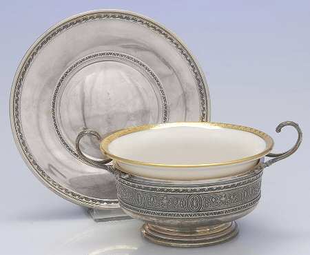 Wedgwood (Sterling, Hollowware, Geometric Base) Bouillon Cup with Liner & Underplate