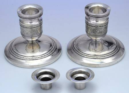 Wedgwood (Sterling, Hollowware, Geometric Base) Pair of Weighted Candleholders & Bobeches