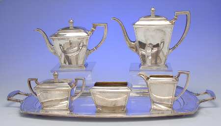 Pantheon (Sterling, 1920, Hollowware) 6 Piece Tea Set (SCP, STP, SCR, SSU, SWB, WTL)