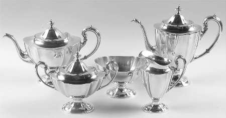 1810 (Sterling, 1930, Hollowware) 5 Piece Tea Set (SCP, STP, SCR, SSU, SWB)