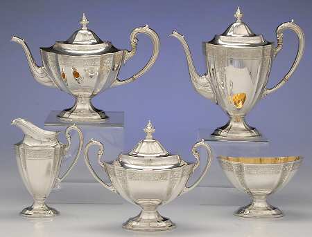 1810-Engraved (Sterling, 1930, Hollowware) 5 Piece Tea Set (SCP, STP, SCR, SSU, SWB)