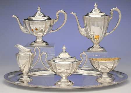 1810-Engraved (Sterling, 1930, Hollowware) 6 Piece Tea Set (SCP, STP, SCR, SSU, SWB, WTL)