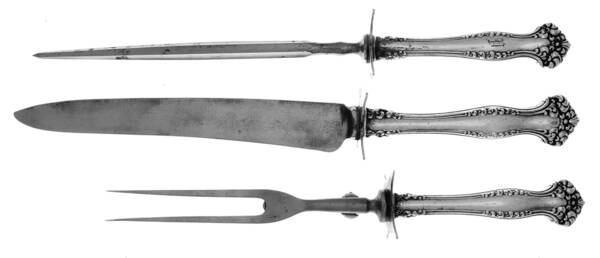 Avon (Silverplate, 1901, Monograms) Large 3-Piece Roast Carving Set w/ Stainless Blade