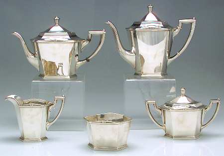 Theseum (Sterling, Hollowware) 5 Piece Tea Set (SCP, STP, SCR, SSU, SWB)