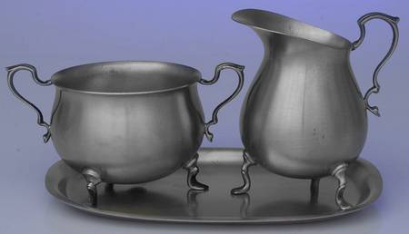 277 (Pewter, Hollowware) Creamer, Open Sugar & Tray Set