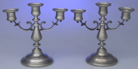 277 (Pewter, Hollowware) Pair of 8" 3 Light Candelabras