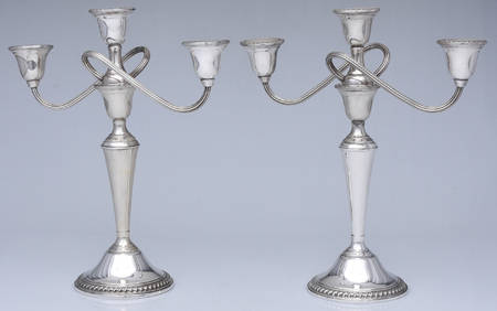 English Gadroon (Sterling, Hollowware) Pair of Weighted 3 Light Candelabra