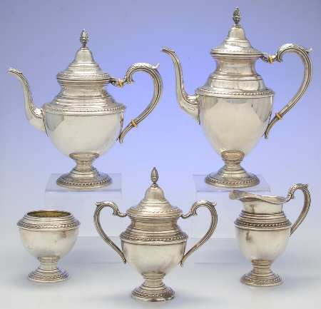 English Gadroon (Sterling, Hollowware) 5 Piece Tea Set (SCP, STP, SCR, SSU, SWB)