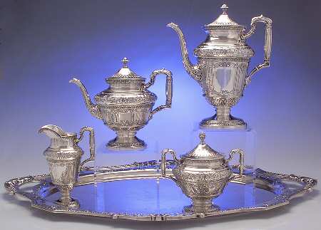 Marie Antoinette (Sterling, Hollowware) 5 Piece Tea Set (SCP, STP, SCR, SSU, WTL)