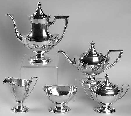 C301 (Sterling, Hollowware, Plain) 5 Piece Tea Set (SCP, STP, SCR, SSU, SWB)