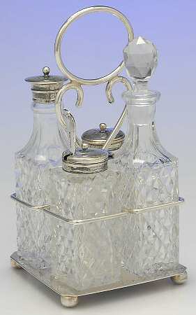 Silverplate Hollowware Cruet Set-4 Crystal Bottles W/Std