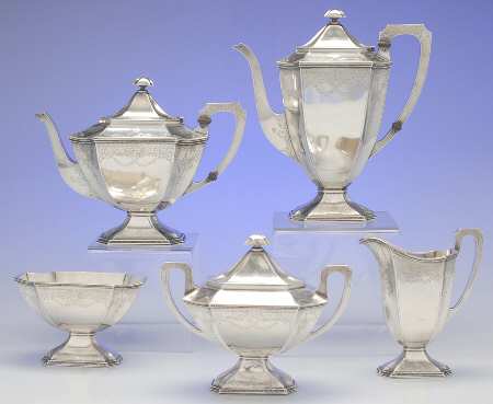 2307 (Sterling, Hollowware) 5 Piece Tea Set (SCP, STP, SCR, SSU, SWB)