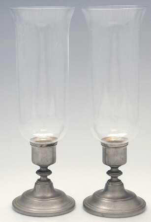 27386 (Pewter, Hollowware) Pair of Hurricane Lamps & Globes