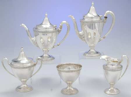 821 (Sterling, Hollowware) 5 Piece Tea Set (SCP, STP, SCR, SSU, SWB)