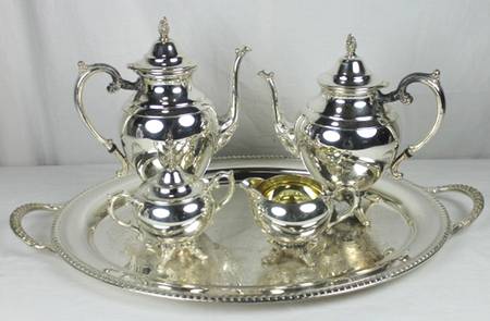 INS593 (Silverplate, Hollowware) 5-Piece Silverplate Tea Set (with Tray)