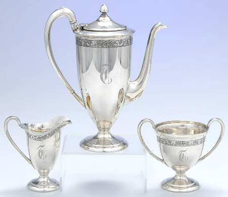 7016 (Silverplate, Hollowware) 3 Pc Demitasse Set, Coffee Pot, Creamer&Open Sugar