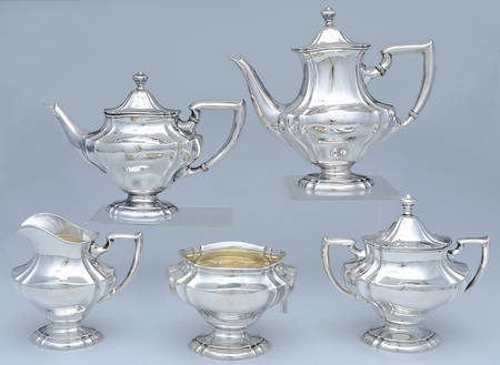 C1587 (Sterling, Hollowware) 5 Piece Tea Set (SCP, STP, SCR, SSU, SWB)