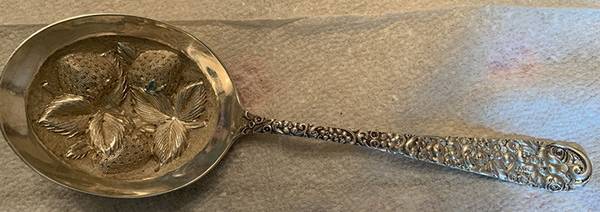 Repousse (Sterling, 1910) Large Solid Berry/Casserole Spoon w/Berry Bowl