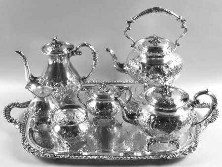785 (Silverplate, Hollowware) 7-Piece Plated Tea Set (w/ Waste, Kttle & Try)