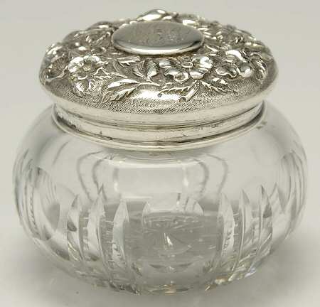 Repousse (Sterling, Hollowware) Powder Jar, Crystal Bowl and Sterling Lid