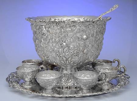 Repousse (Sterling, Hollowware) 11 Pc Punch Set Includes Complimentary Plated Tray