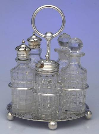 Silverplate Hollowware Cruet Set (5 Crystal Bottles with Stand)