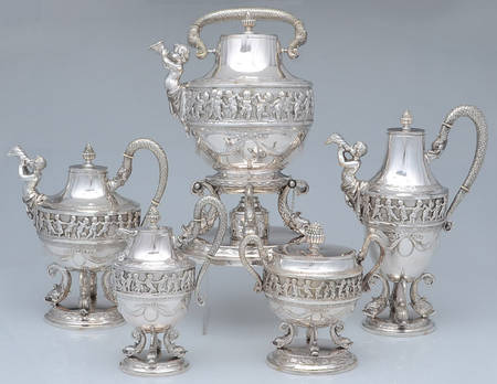 JZS2 (Sterling, Hollowware) 5 Piece Tea Set (SCP, STP, SCR, SSU, SKES)