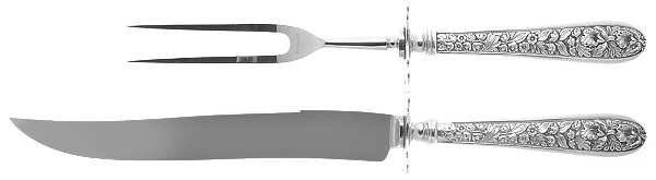 Corsage (Sterling, 1935, No Monogram) Large 2-Piece Roast Carving Set w/ Stainless Blade
