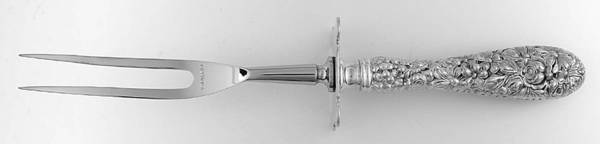 Stieff Rose (Sterling, 1892, No Monograms) Large Carving Fork W/Sterling Guard,Full Repousse