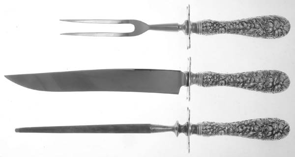 Stieff Rose (Sterling, 1892, No Monograms) 3 Pc Small Carving Set,Sterling Guard,Full Repouss by Kirk Stieff