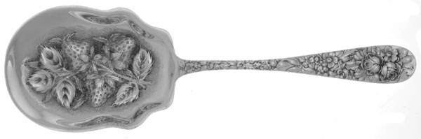 Stieff Rose (Sterling, 1892, No Monograms) Large Chased Berry Spoon-3 Berries