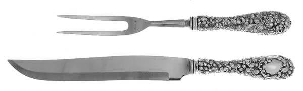 Stieff Rose (Sterling, 1892, No Monograms) 2 Pc Game Carving Set,Stnl Blade,Full Repousse