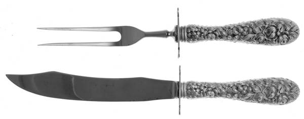 Stieff Rose (Sterling, 1892, No Monograms) 2 Pc Small Carving Set,Sterling Guard,Full Repouss by Kirk Stieff